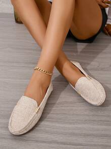 女士平底乐福鞋新款便士鞋女低帮驾车鞋平底妈妈鞋大码绒面革休闲鞋，秋季 - 米色 - 查看 3
