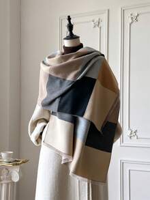 1pc Elegant Color Block Jacquard Knit Scarf, Warm And Versatile For Women, Suitable For Air-Conditioned Rooms, Autumn/Winter