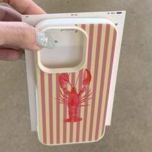 1pc Vintage Pink Striped Lobster Pattern TPU Phone Case Compatible With Apple/ Phones, International Version,  Not The Domestic Version - White - View 4