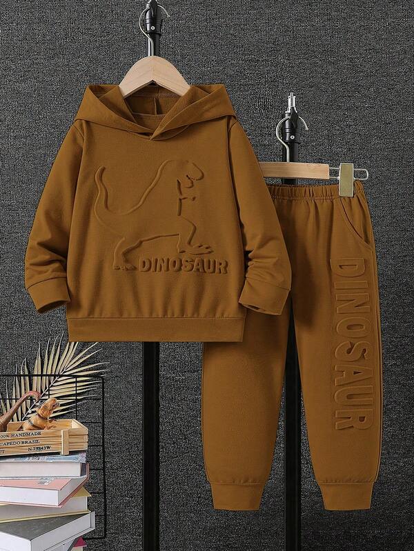 2pcs Young Boy Casual 3D Dinosaur Pattern Hooded Sweatshirt And Pants Set, Spring/Autumn