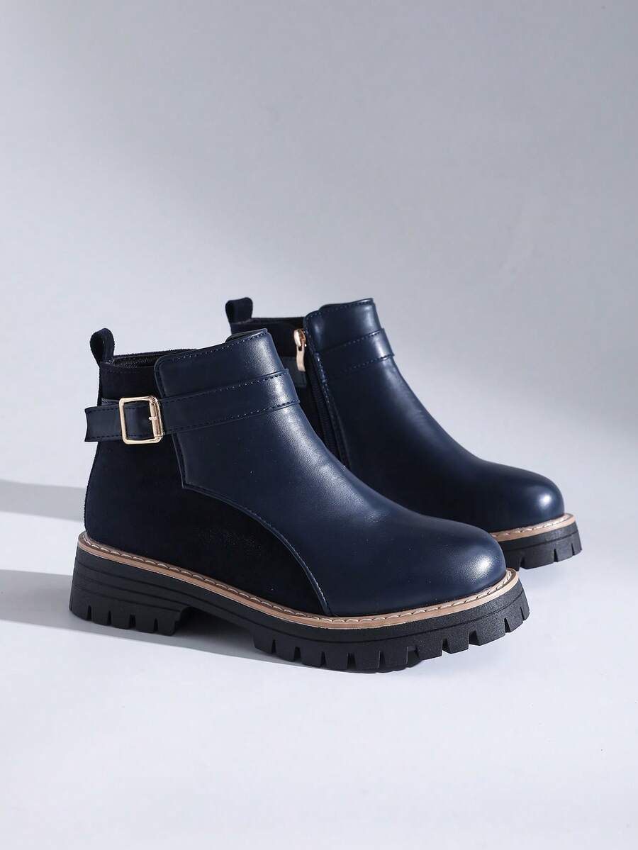 秋冬女士时尚 Y2K 侧拉链假日休闲度假扣环踝靴 - 寶藍色 - 查看 1