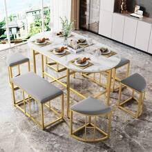 Dining Set (Set, With Dining Table, 4 Small Stools And 2 Large Stools), Kitchen Dining Table Set Made Of Steel Frame, Modern White And Gold, 140*70*76cm, Load Capacity 120 Kg (Old Sku: 29876667AAO)
