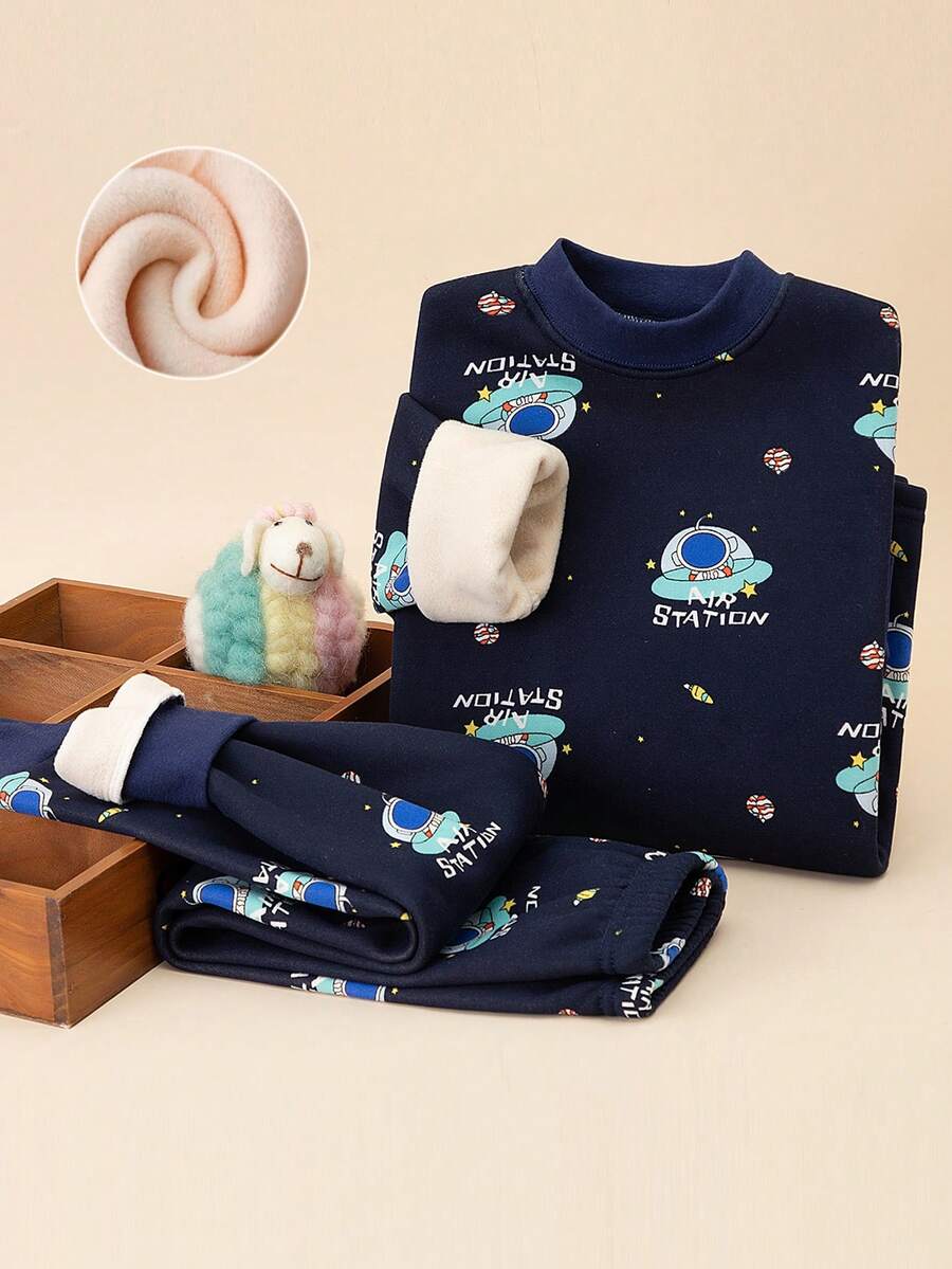 2 件套青少年男孩太空飞船卡通印花保暖睡衣套装，保暖内衣长袖上衣和裤子，秋冬 - 藏蓝色 - 查看 1