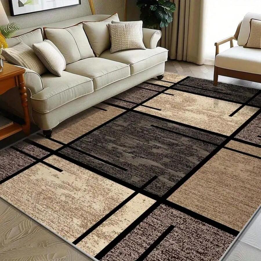 1 pieza Alfombra de área de terciopelo de lujo - Estera de poliéster lavable y resistente a la decoloración de primera calidad para sala de estar, dormitorio, oficina y decoración exterior - Rectangular, ligera y fácil de limpiar - 850 GSM, patrón geométrico beige y marrón, alfombra de confort para dormitorio | Alfombra con patrón geométrico | Alfombra lavable - Multicolor - Ver 1