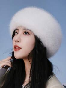 1pc Autumn/Winter Plush Solid Beanie Hat, Thickened Faux Fur Trim Warm Hat With Loop, Women - Multicolor - View 4