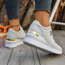 Fall/Winter New Fashion Wedge Heel Sneakers, Women Casual Breathable Lace Up Splicing Platform Shoes, Plus Size - Grey - View 7