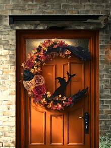 14inch Gothic Christmas Wreath - Cat Moon Silhouette With Autumn Leaves And Roses, Durable Plastic Door Hanging Decoration, Thanksgiving Home Decoration, Christmas Home Decoration, Moonlight Night Theme, Dark Aesthetic Handmade Style, Party Decoration, Fall Decor, Christmas Gifts, Christmas - Multicolor - View 8