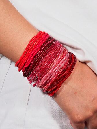 30 件波西米亚复古风格女士弹性手链，红色渐变色串珠编织手链首饰，时尚度假配饰