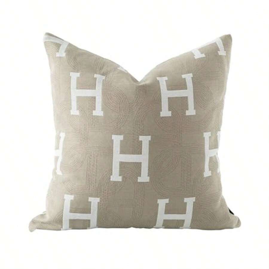 20x20'' Inches Throw Pillow Cushion Cover Beige H Letter Embroidery Modern Fashion Style Couch Sofa Pillow Cover For Living Room Bedroom - 灰褐色 - 查看 1