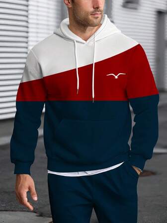 Herrtröja med dragsko, casual street fashion färgblock Seagull grafisk 3D digitaltryck pullover hoodie