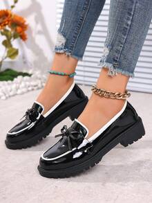 女士黑色厚底乐福鞋链条一脚蹬鞋，黑色皮鞋，复古厚底乐福鞋，适合所有季节 - 黑色 - 查看 3