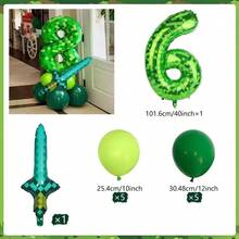 40 Inch Green Pixel Miner Themed Balloon Set, Diamond Sword Aluminum Film Balloon Jungle Game Event, Birthday Party Decoration