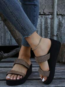 Dép đi biển đế dày chống trượt đính đá thời trang mùa hè mới cho nữ, dép cao gót quai đôi, thích hợp cho các hoạt động ngoài trời, bãi biển, đám cưới, kỳ nghỉ, dép xỏ ngón đế xuồng màu đen - Thỏi kim cương vàng - Xem 5