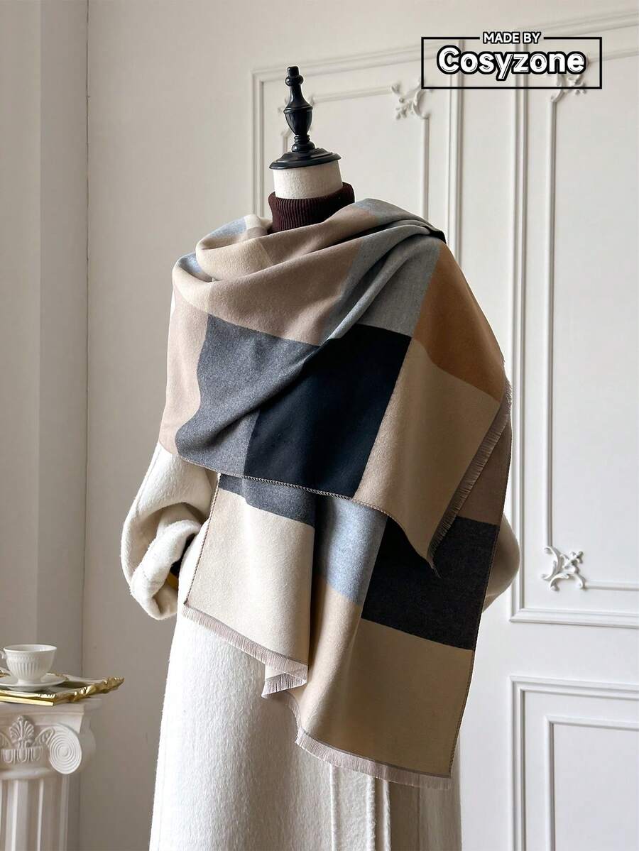 1pc Elegant Color Block Jacquard Knit Scarf, Warm And Versatile For Women, Suitable For Air-Conditioned Rooms, Autumn/Winter