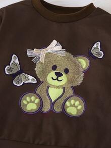 2 件女童休闲可爱熊和蝴蝶结印花运动衫 + 格子图案宽松裤户外套装，秋冬 - 棕色 - 查看 5