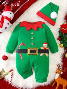 2pcs/Set Baby Boy Christmas Cartoon Infant Jumpsuit + Santa Hat, Autumn/Winter
