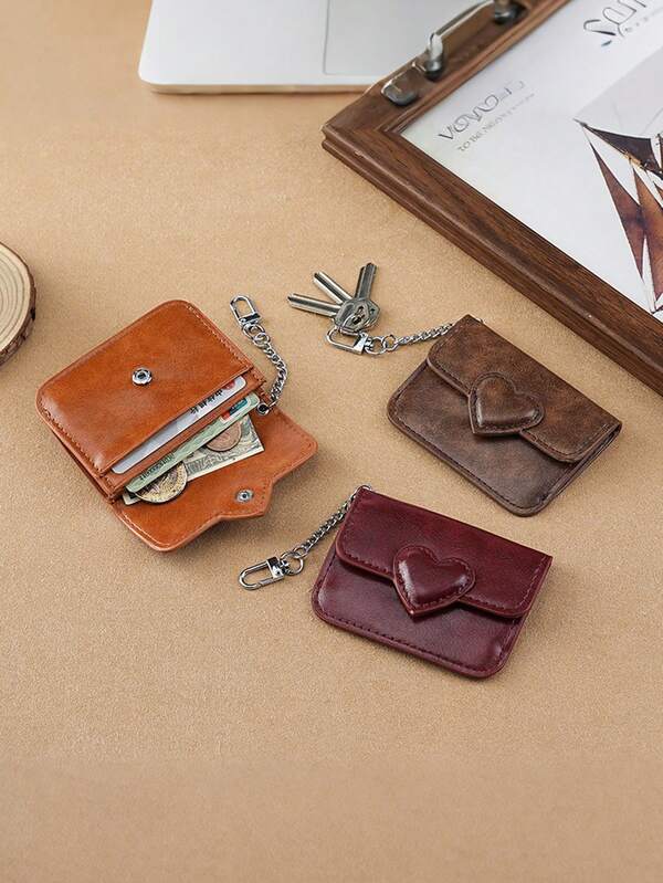 Heart Coin Purse Keychain PU Leather Portable Mini Purse Multi-Card Slots Anti-Magnetic Card Holder Bag For Women Men