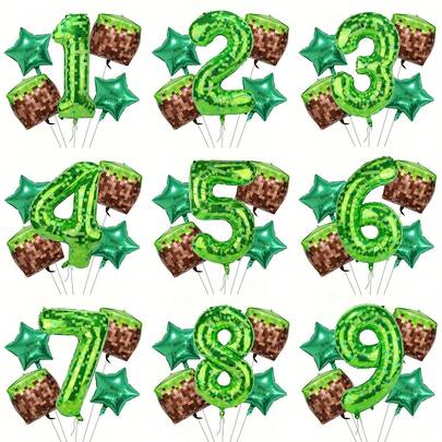 40 Inch (Approx. 101.6cm) Green Pixel Miner Aluminum Foil Balloon Set, Large Mylar Digging Theme Digital Balloon, Pixel Cube Video Game Birthday Party Decoration 1-9
