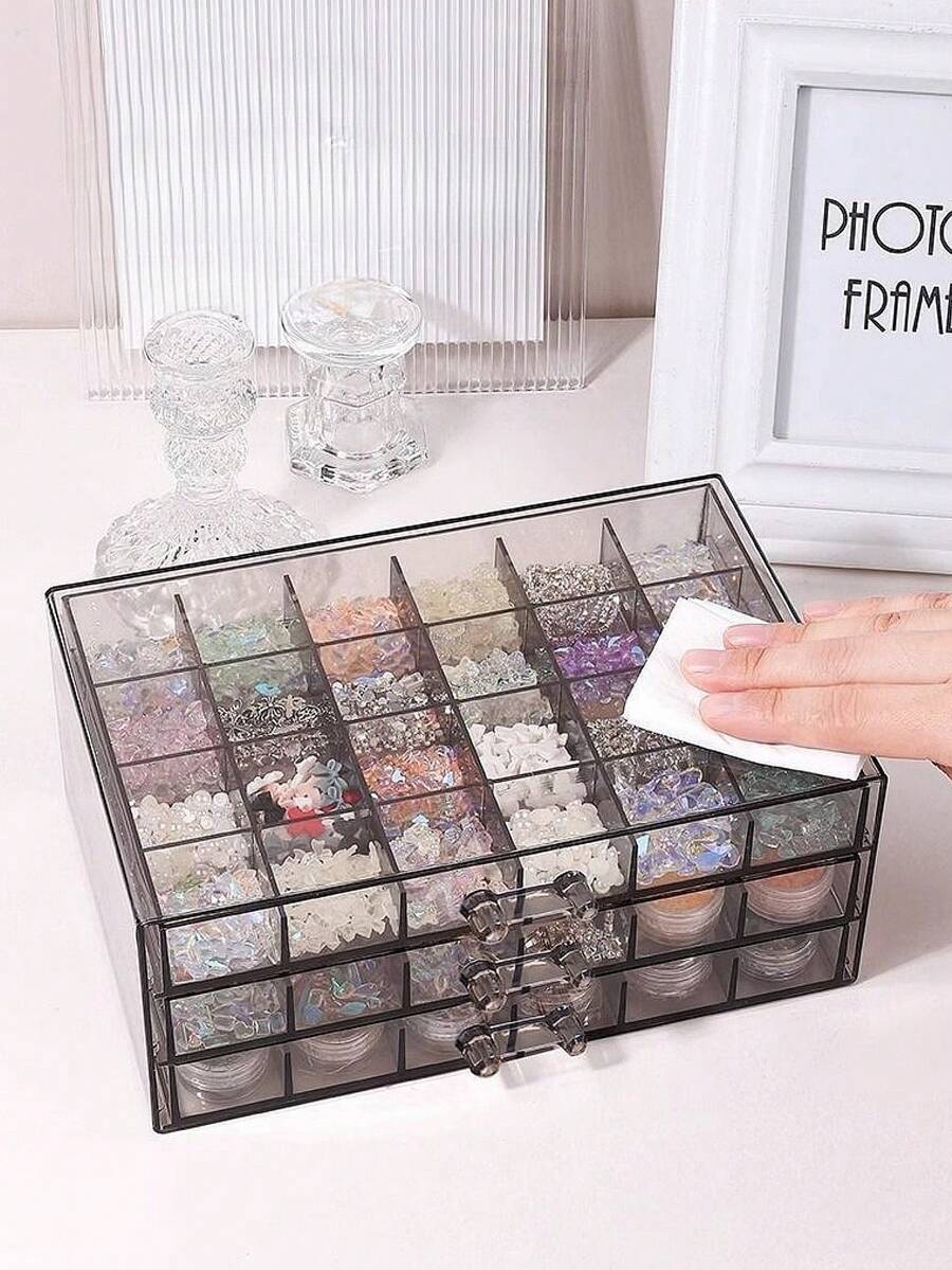 1pc Desktop Mini 72-Slot Transparent Jewelry Storage Box, Compartment Style Dust-Proof Small Items Organizer - Multicolor - View 1