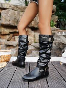 Women's Pleated Buckle Vintage Knight Metal Buckle Casual/Daily Brown/Black Synthetic Leather Tall Boots, Snug Fit On Calves, Stable Walking, Comfortable And Stylish, Suitable For Beach, Party, Daily, Commute, Wedding, Vacation, Outdoor Activities - Black - View 3