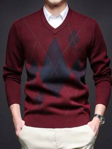 Men's Thick Round Neck Sweater, Business Casual Jacquard Knitted Long Sleeve Top, Suitable For Layering Or Outerwear, Plaid & Striped Pattern, Autumn/Winter - Red - View 1