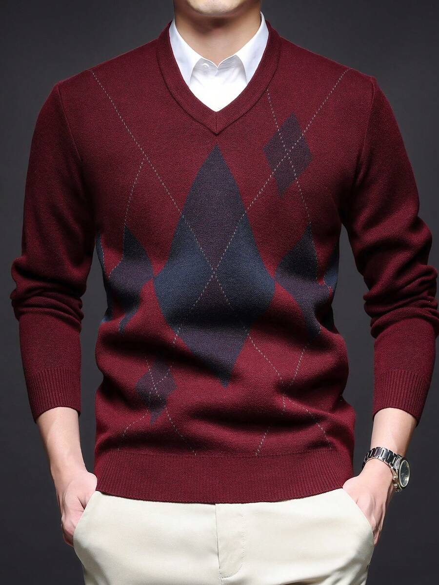 Men's Thick Round Neck Sweater, Business Casual Jacquard Knitted Long Sleeve Top, Suitable For Layering Or Outerwear, Plaid & Striped Pattern, Autumn/Winter - Red - View 1