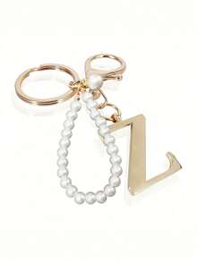 高级优雅金色珍珠字母钥匙扣，字母A-Z立体吊坠，优雅珍珠链闪钻（可根据个人喜好拆卸）时尚合金钥匙扣圈，耳机挂件，背包吊饰汽车钥匙扣 - 金色 - 查看 14
