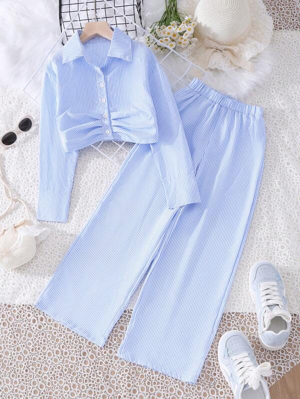 2 piezas Conjunto de camisa de manga larga a rayas azules y pantalones de cintura ceñida, estilo minimalista casual para niñas preadolescentes, adecuado para el hogar, salidas y vacaciones