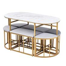 Dining Set (Set, With Dining Table, 4 Small Stools And 2 Large Stools), Kitchen Dining Table Set Made Of Steel Frame, Modern White And Gold, 140*70*76cm, Load Capacity 120 Kg (Old Sku: 29876667AAO)
