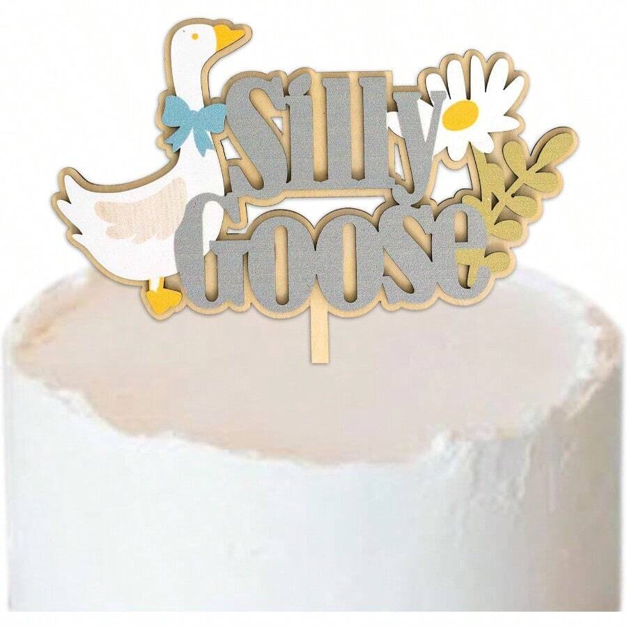 DOne Silly Goose Wooden Cake Topper Gray And White Goose DesignCute Geese Birthday Party Decoration Farm Theme Cake Decor Goose Topper 7001 - As Pic - View 1
