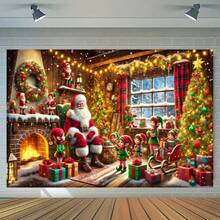 1pc 2D Christmas Santa Claus & Elf Workshop, Christmas Background, Holiday Photo Backdrop, Suitable For Family Portrait, Teen Party And Party Decoration - Multicolor - View 3