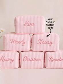 Customized Text & Striped Travel Toiletry Bag - Personalized Zipper Cosmetic Organizer Pouch, Portable Polyester Storage Box, Suitable For Travel, School, Dorm Or Home - Perfect Gift For Mom And Wife, School Essential Organizer, Waffle Material + Exclusive Name Embroidery, Christmas, Valentine's Day Gift, Makeup Brush Holder, Makeup Mirror Makeup Brush Lipstick Organizer, Portable For Business Trip And Travel. Suitable For Storing Cosmetics, Stationery, Car Accessories Christmas Beauty Accessories