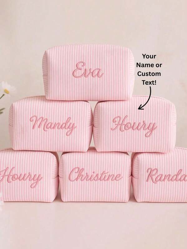 Customized Text & Striped Travel Toiletry Bag - Personalized Zipper Cosmetic Organizer Pouch, Portable Polyester Storage Box, Suitable For Travel, School, Dorm Or Home - Perfect Gift For Mom And Wife, Essential School Supply