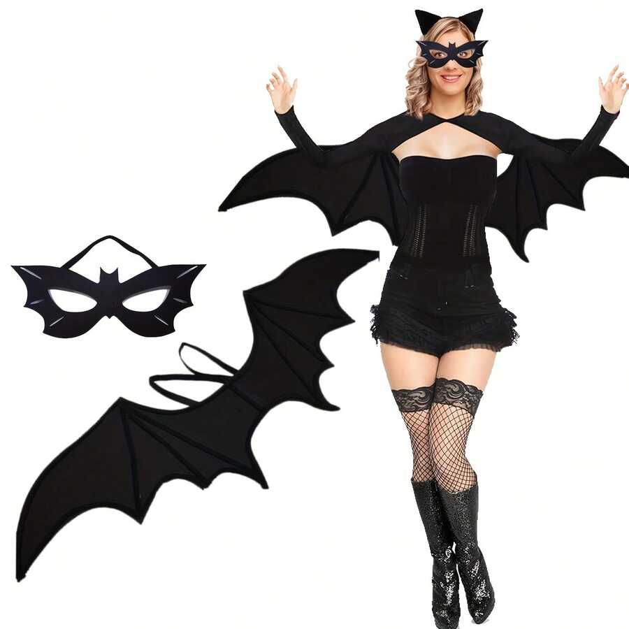 2 件黑色蝙蝠服装，包括蝙蝠面具、蝙蝠翅膀，适合男女，吸血鬼服装，蝙蝠服装配饰和眼罩，吸血鬼主题，魔鬼风格，展示节日服装翅膀，黑色万圣节演员剧院服装配饰，派对狂欢节，适合万圣节和派对装饰，万圣节服装配饰 - 彩色 - 查看 1