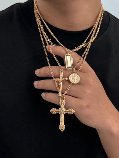 4pcs Znice Fashion Personalized Cross Pendant Necklace, Hiphop Unique Pearl Layered Choker Necklace, Gift For Father's Day And Mother's Day