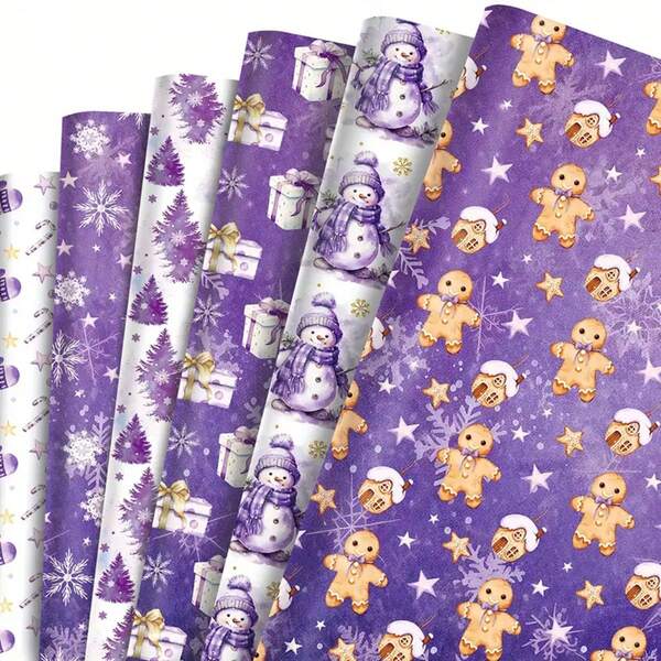 12pcs/Sheets Purple Christmas Gift Wrapping Paper, Holiday Gift Box Paper, Christmas Gift Decoration, Snowflake Snowman Gingerbread Man Decorative Packaging Paper