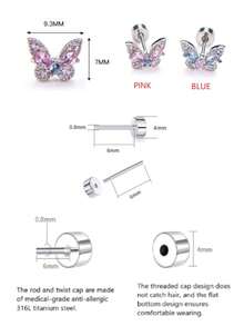 2 Stücke/Set zarte rosa, weiße, blaue Schmetterling Titan Stahl Hypoallergene Ohrknorpel Ohrstecker, funkelnde zweifarbige Schmetterling Titan Stahl Ohrclips Ohrringe, 20G Gewindeohrringe mit Strass