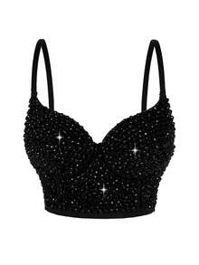 Black Beaded Handmade Fishbone Punk Style Women's Corset Camisole, With Padded Cups, Gothic Corset Bra - Black - View 1