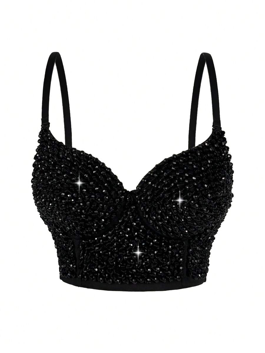 Black Beaded Handmade Fishbone Punk Style Women's Corset Camisole, With Padded Cups, Gothic Corset Bra - Black - View 1