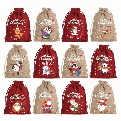 12 pezzi Borse regalo in iuta per Natale con laccio, 10x14cm, decorate con Babbo Natale e folletti, adatte per gioielli, caramelle e piccoli regali, perfette per feste natalizie e decorazioni natalizie, regali di Natale