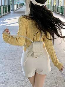 韩版甜美复古双拉链麻花针织开衫 - 黃色 - 查看 2