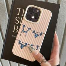 1pc TPU Material Cute Summer Bikini Illustration Pink Striped Pattern Phone Case Compatible With IPhone/ Phones - White - View 3