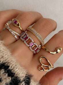 6pcs Vintage Fashion Devil's Eye Rhinestone Snake Geometric Ring Set, Elegant Holiday Style, Unique Gift, Suitable For Daily Wear, Holiday, Travel, Beach Outfit, Perfect Gift For Women, Her, Wife Or Friends, Christmas, Valentine's Day, Mother's Day, New Year Jewelry | Exquisite Accessories - Yellow Gold - View 1