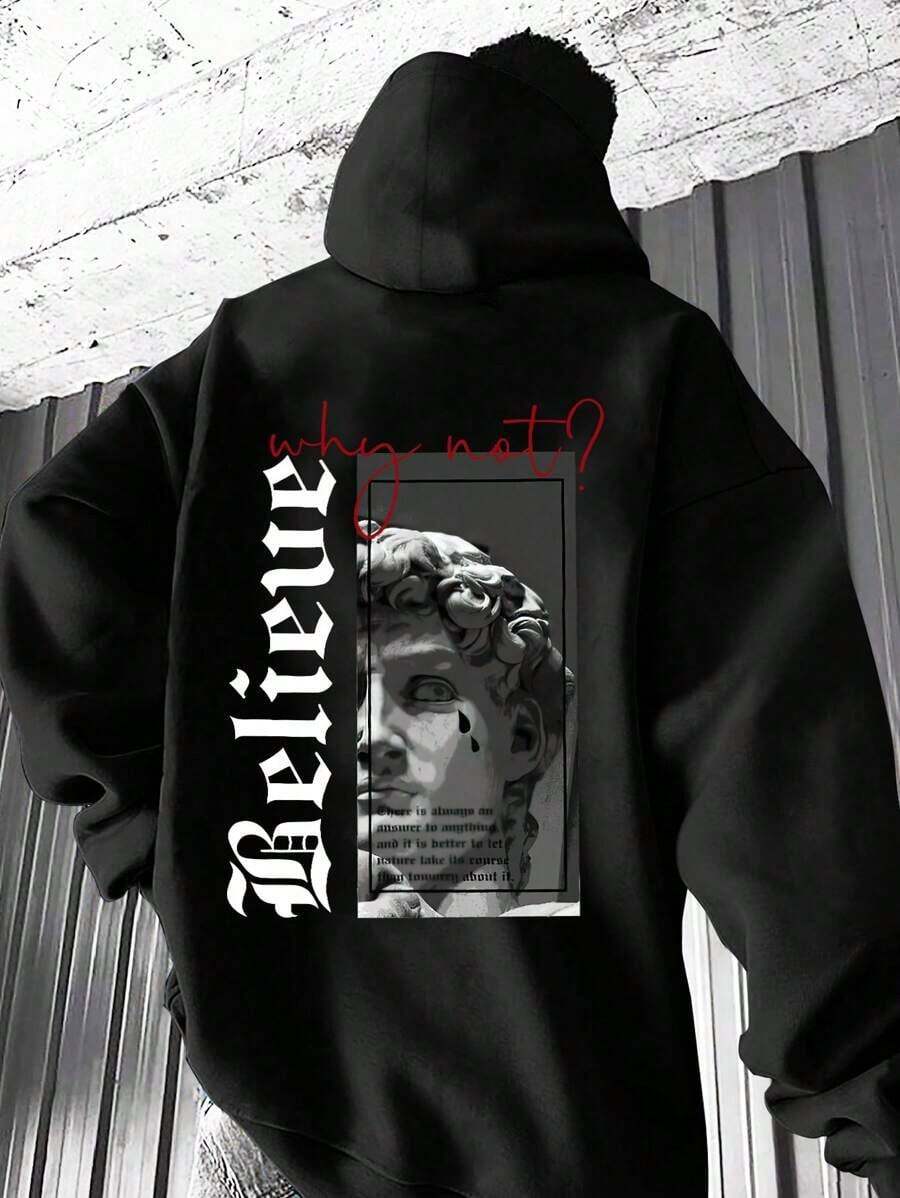 Sudadera con capucha de moda para hombres, sudadera con capucha con estampado grande de David, estilo emo, estilo de los 2000, para otoño, top de manga larga - Negro - Ver 1