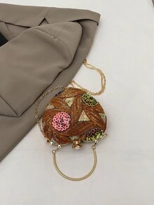 Túi xách hình trái tim bất đối xứng họa tiết hoa mùa hè, Ví cầm tay dự tiệc tối thanh lịch dành cho quý cô, Túi đeo vai dự tiệc, Ví cầm tay dự tiệc trang trọng, Túi đeo chéo xích, Ví đựng son môi và tiền xu - màu nâu - Xem 11