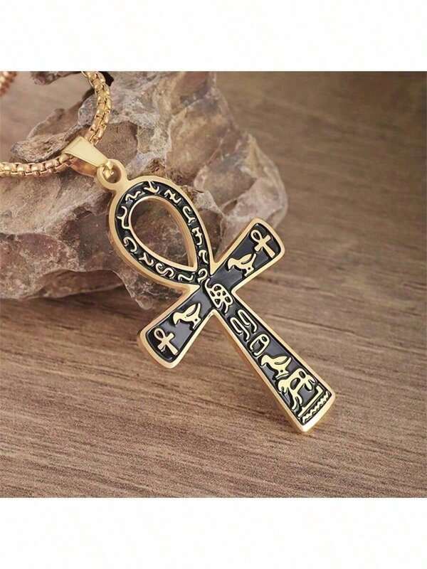 Collier pendentif de style rétro en acier inoxydable avec croix ankh égyptienne ancienne, totem du Pharaon et amulette de la clé de la vie, pour hommes et femmes
