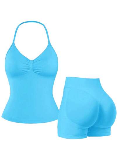 2pcs Impact Halter Top & Shorts Women Impact Longline Halter Tops Workout Longline Tank Top Compression Gym Fitness