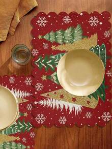 2pcs/4pcs Creative Christmas Party Linen Insulated Mat With Wavy Edge Non-Slip 12*18 Inch Heat Resistant For Christmas Holiday Farmhouse Family Gathering And Party Decoration Placemat