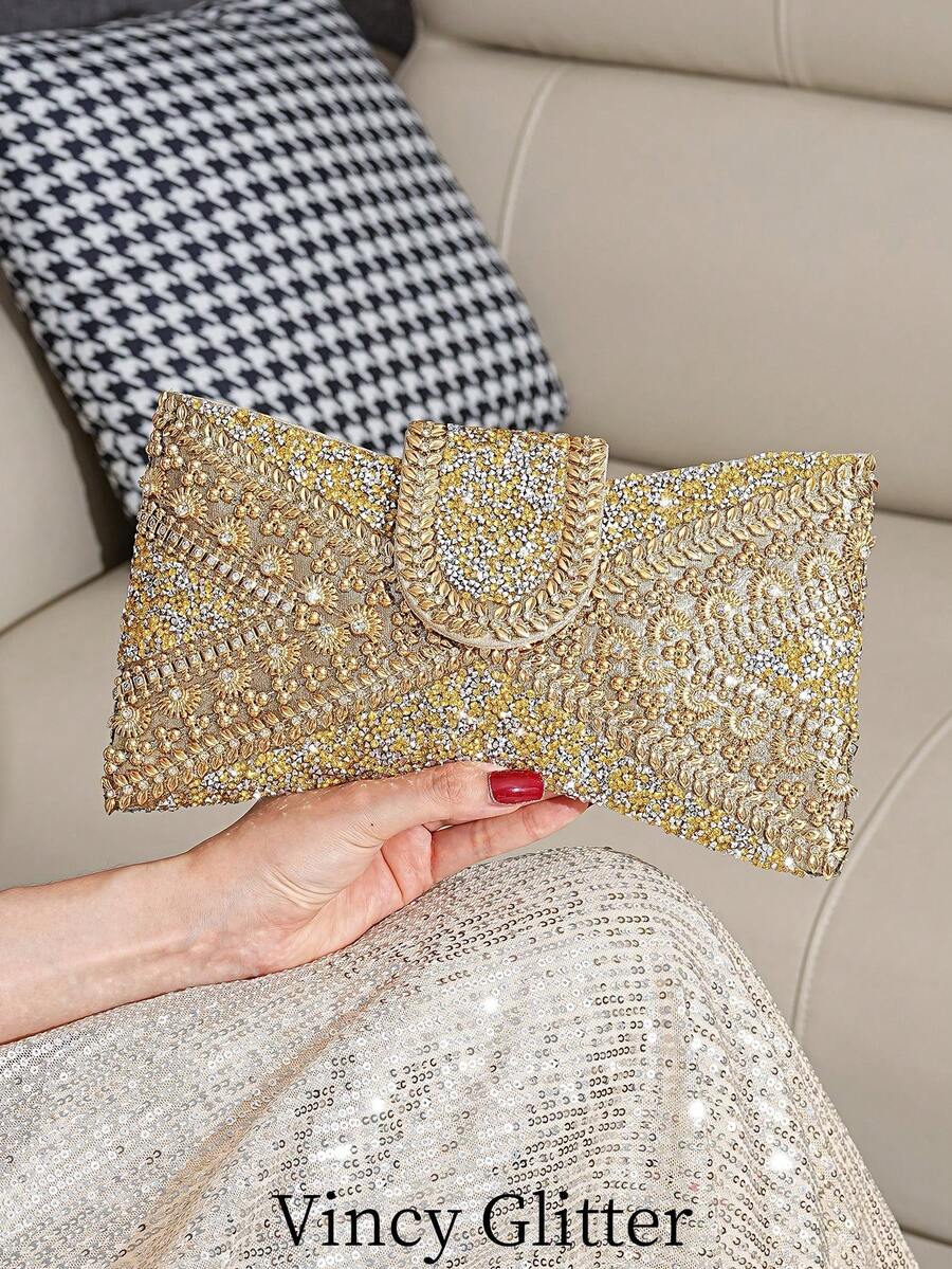 Túi cầm tay đính nơ đính đá sang trọng, túi dạ hội lấp lánh cho tiệc trang trọng và dạ tiệc - Vàng - Xem 1