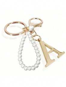 高级优雅金色珍珠字母钥匙扣，字母A-Z立体吊坠，优雅珍珠链闪钻（可根据个人喜好拆卸）时尚合金钥匙扣圈，耳机挂件，背包吊饰汽车钥匙扣 - 金色 - 查看 21